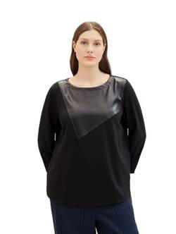 TOM TAILOR Damen Plussize Langarmshirt mit Fake-Leder Detail, deep black, 50 von TOM TAILOR