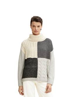 TOM TAILOR Damen Rollkragenpullover mit Zopfmuster 1034061, 30808 - Grey Patched Design, L von TOM TAILOR