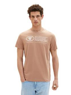 TOM TAILOR Herren Basic T-Shirt mit Print aus Baumwolle, desert fawn, S von TOM TAILOR