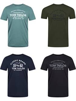 TOM TAILOR Herren T-Shirt 4er Pack Regular Fit Rundhalsausschnitt O-Neck Kurzarm Tee Shirt Logoprint Sommer 100% Baumwolle, Größe:3XL, Farbe:Woodland Green (10373) von TOM TAILOR