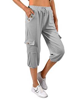 TOMEEK Caprihose Damen Jogginghose 3/4 Sporthose Hose Sommer Freizeithose Sweathose Shorts Einfarbig Baggy Kordelzug Taille Yogahose Trainingshose mit Seitentaschen(Grau,M) von TOMEEK