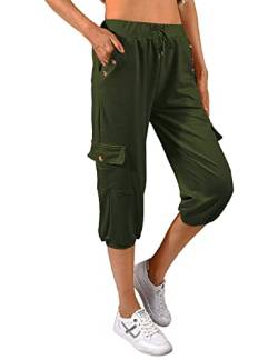 TOMEEK Caprihose Damen Jogginghose 3/4 Sporthose Hose Sommer Freizeithose Sweathose Shorts Einfarbig Baggy Kordelzug Taille Yogahose Trainingshose mit Seitentaschen(Grün,XL) von TOMEEK