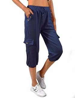 TOMEEK Caprihose Damen Jogginghose 3/4 Sporthose Hose Sommer Freizeithose Sweathose Shorts Einfarbig Baggy Kordelzug Taille Yogahose Trainingshose mit Seitentaschen(Navy Blau,S) von TOMEEK