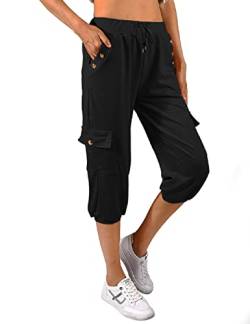 TOMEEK Caprihose Damen Jogginghose 3/4 Sporthose Hose Sommer Freizeithose Sweathose Shorts Einfarbig Baggy Kordelzug Taille Yogahose Trainingshose mit Seitentaschen(Schwarz,L) von TOMEEK