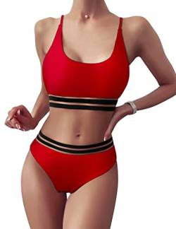 TOMEEK Damen Bikini Set mit Mesh Zweiteilig Badeanzug Push up Gepolstert High Cut Sport Bademode Hohe Taille Bikinis für Frauen(Rot,L) von TOMEEK