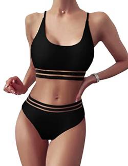 TOMEEK Damen Bikini Set mit Mesh Zweiteilig Badeanzug Push up Gepolstert High Cut Sport Bademode Hohe Taille Bikinis für Frauen(Schwarz,M) von TOMEEK