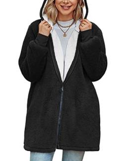 TOMEEK Damen Lange Kapuzen-Fleecejacke Übergröße Teddy-Fleece Mantel, Warme Teddy-Fleece Flauschiger Plüschmantel, Winter Kapuzenjacke Oberbekleidung(Schwarz,S) von TOMEEK