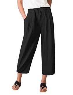 TOMEEK Damen Linien Hosen Sommer 7/8 Hose mit Weitem Bein Freizeithose Elegante Baumwollhose Elastische Taille Palazzo Haremshose Lose Hose mit Taschen, Schwarz, Größe L von TOMEEK