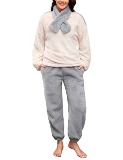 TOMEEK Damen Schlafanzug Set Winter Kuscheliger Polar Fleece Freizeitanzug mit Langarm-Oberteil Hose und Schal Gemütliche Nachtwäsche PJS für Frauen, Grau, L von TOMEEK