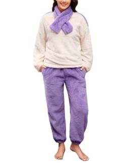 TOMEEK Damen Schlafanzug Set Winter Kuscheliger Polar Fleece Freizeitanzug mit Langarm-Oberteil Hose und Schal Gemütliche Nachtwäsche PJS für Frauen, Lila, XL von TOMEEK