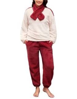 TOMEEK Damen Schlafanzug Set Winter Kuscheliger Polar Fleece Freizeitanzug mit Langarm-Oberteil Hose und Schal Gemütliche Nachtwäsche PJS für Frauen, Rotwein, L von TOMEEK