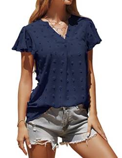 TOMEEK Damen Sommer Casual Top V-Ausschnitt Kurzarm Chiffon Bluse Tunika Elegante Rüschen Polka Dot T-Shirts, Navy blau, Größe S von TOMEEK