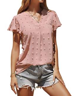 TOMEEK Damen Sommer Casual Top V-Ausschnitt Kurzarm Chiffon Bluse Tunika Elegante Rüschen Polka Dot T-Shirts, Rosa, Größe L von TOMEEK