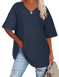 TOMEEK Damen T-Shirt mit V-Ausschnitt Kurzarm Sommer Oversize Shirts Baumwolle Basic Casual Top Lose Bluse Weite Schulter T-Shirts(Marineblau,S) von TOMEEK