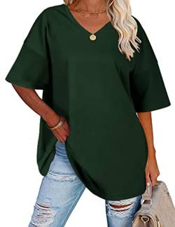 TOMEEK Damen T-Shirt mit V-Ausschnitt Kurzarm Sommer Oversize Shirts Baumwolle Basic Casual Top Lose Bluse Weite Schulter T-Shirts, Dunkelgrün, Größe M von TOMEEK