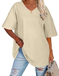 TOMEEK Damen T-Shirt mit V-Ausschnitt Kurzarm Sommer Oversize Shirts Baumwolle Basic Casual Top Lose Bluse Weite Schulter T-Shirts, Khaki, Größe XL von TOMEEK