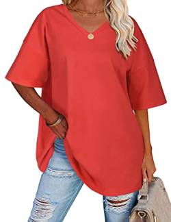 TOMEEK Damen T-Shirt mit V-Ausschnitt Kurzarm Sommer Oversize Shirts Baumwolle Basic Casual Top Lose Bluse Weite Schulter T-Shirts, Rot, Größe L von TOMEEK