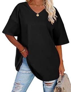 TOMEEK Damen T-Shirt mit V-Ausschnitt Kurzarm Sommer Oversize Shirts Baumwolle Basic Casual Top Lose Bluse Weite Schulter T-Shirts, Schwarz, Größe XXL von TOMEEK