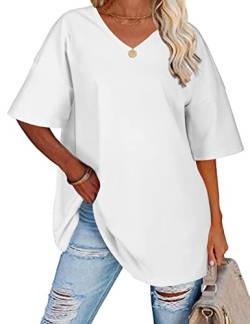 TOMEEK Damen T-Shirt mit V-Ausschnitt Kurzarm Sommer Oversize Shirts Baumwolle Basic Casual Top Lose Bluse Weite Schulter T-Shirts, Weiß, Größe L von TOMEEK