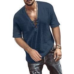 TOMEEK Herren Freizeithemd V-Ausschnitt Sommer Kurzarm Baumwolle Leinen Männer Shirt Strandhemd Loose Fit Tops, Navy Blau, Größe XL von TOMEEK