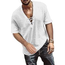 TOMEEK Herren Freizeithemd V-Ausschnitt Sommer Kurzarm Baumwolle Leinen Männer Shirt Strandhemd Loose Fit Tops, Weiß, Größe XL von TOMEEK