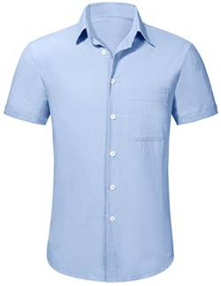 TOMEEK Herrenhemd Sommer Kurzarmhemd Umlegekragen Business Casual Hemd Henley Baumwollhemd, Blau, Größe XL von TOMEEK