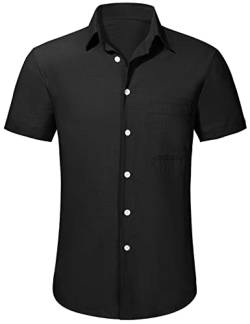 TOMEEK Herrenhemd Sommer Kurzarmhemd Umlegekragen Business Casual Hemd Henley Baumwollhemd, Schwarz, Größe L von TOMEEK