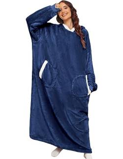 TOMEEK Hoodie Decke Damen Super Lange Oversize Hoodie Sherpa Sweatshirt Gemütlicher Flanell mit Ärmeln Tragbarer Kapuzenpullover mit Taschen Ganzkörperdecke, Navy Blau, Größe L von TOMEEK