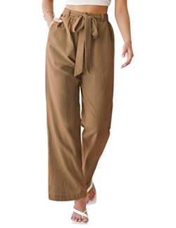 TOMEEK Hose Damen Sommer Baumwoll Leinen Hose Elastischer Bund Hose mit weitem Bein und gebundenem Gürtel Loose Fit Hose Business Freizeithose Strandhose mit Taschen, Khaki, Größe S von TOMEEK