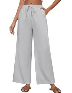 TOMEEK Leinenhose Damen Sommer Weite Lose Hosen Damen mit Elastischem Bund Freizeithose Casual Lockere Gerade Breites Bein mit Taschen Sommerhose(Grau,XXL) von TOMEEK