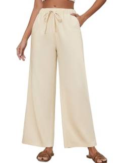 TOMEEK Leinenhose Damen Sommer Weite Lose Hosen Damen mit Elastischem Bund Freizeithose Casual Lockere Gerade Breites Bein mit Taschen Sommerhose(Khaki,M) von TOMEEK