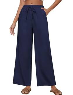 TOMEEK Leinenhose Damen Sommer Weite Lose Hosen Damen mit Elastischem Bund Freizeithose Casual Lockere Gerade Breites Bein mit Taschen Sommerhose(Marineblau,M) von TOMEEK