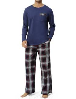 TOMEEK Schlafanzug Herren Lang Rundhals Pyjama Herren Zweiteiliger Set Baumwolle Langarm Shirt und Karierte Schlafanzughose mit Tasche Nachtwäsche(Blau rot weiß kariert,XL) von TOMEEK