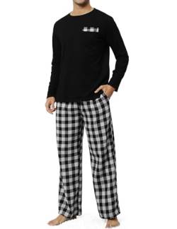 TOMEEK Schlafanzug Herren Lang Rundhals Pyjama Herren Zweiteiliger Set Baumwolle Langarm Shirt und Karierte Schlafanzughose mit Tasche Nachtwäsche(Schwarz weiß kariert,M) von TOMEEK