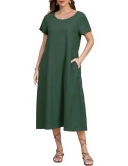 TOMEEK Sommerkleid Damen Leinenkleider Rundhalsausschnitt Casual Damen Kleider Sommer Kurzarm Freizeitkleid mit Taschen Strandkleider Boho Langes Knielang(Grün,XXL) von TOMEEK