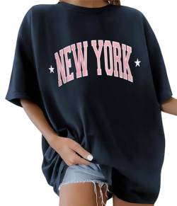 TOMEEK Tshirt Damen Oversized Rundhals Kurzarm Top Sommer T-Shirts Baumwolle Oberteile Frauen Breite Schulter T-Shirt Lockere Lässig Bluse(Marineblau A,L) von TOMEEK