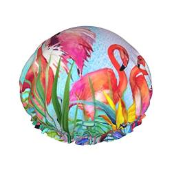 Bemalte Flamingo bedruckte Duschkappe, wasserdicht, wiederverwendbar, elastische Badekappe, doppellagig, verstellbar, elastisches Band, Bad-Haarhaube für Damen und Herren, Spa-Salon von TOMPPY