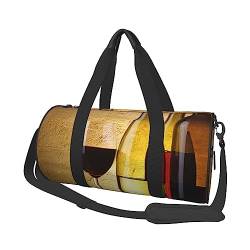 Drei Weinflaschen und Glas über bedruckte Sporttasche Gym Tote Bag Weekender Reisetasche Sport Turnbeutel für Workout Übernachtung Reisegepäck Damen Herren, Schwarz, Einheitsgröße, Schwarz , von TOMPPY