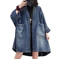 Jeans Jacket Damen, Lange Damen-Jeansjacke In Übergröße Vintage-Blau Langärmelig Shacket-Jacke Mit Knöpfen Verblasst V-Ausschnitt Frühlingsübergang Lässige Oberbekleidung Mit Tasche XXL von TOMPPY