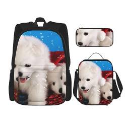 Merry Christmas White Snow Dog Printed Casual Backpack with Lunch Box Pencil Case Laptop Backpack Travel Daypack, Schwarz , Einheitsgröße von TOMPPY