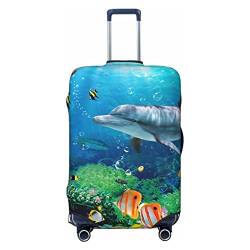 Ocean Tropical Fish Turtle Shark bedruckte Gepäckabdeckung Anti-Kratzer Kofferschutz Elastische Kofferabdeckung passend für 45,7 - 81,3 cm Gepäck, Schwarz, X-Large von TOMPPY