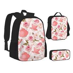 Rosa Teekanne bedruckte Büchertasche mit Lunchtasche und Federmäppchen für Elementar, 3-teiliges Rucksack-Set, Schwarz , Einheitsgröße, Schulranzen-Set von TOMPPY