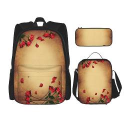 Roses Printed Casual Backpack with Lunch Box Pencil Case Laptop Backpack Travel Daypack, Schwarz , Einheitsgröße von TOMPPY