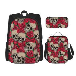 Roses and Skulls Printed Casual Backpack with Lunch Box Pencil Case Laptop Backpack Travel Daypack, Schwarz , Einheitsgröße von TOMPPY
