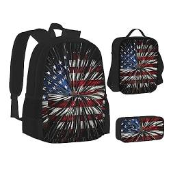 TOMPPY Amerikanische Flagge Feuerwerk bedruckte Büchertasche mit Lunchtasche und Federmäppchen für Grundschule, 3-teiliges Rucksack-Set, Schwarz , Einheitsgröße, Schulranzen-Set von TOMPPY