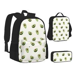 TOMPPY Avocado-bedruckte Büchertasche mit Lunchtasche und Federmäppchen für Elementar, 3-teiliges Rucksack-Set, Schwarz , Einheitsgröße, Schulranzen-Set von TOMPPY