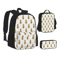 TOMPPY Gold Glitter Ananas Obst bedruckte Büchertasche mit Lunchtasche und Federmäppchen für Grundschule, 3-teiliges Rucksack-Set, Schwarz , Einheitsgröße, Schulranzen-Set von TOMPPY