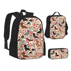 TOMPPY Hundeblumen-bedruckte Büchertasche mit Lunchtasche und Federmäppchen für Elementarität, 3-teiliges Rucksack-Set, Schwarz , Einheitsgröße, Schulranzen-Set von TOMPPY