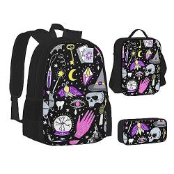 TOMPPY Magische Hexe Hexerei böhmische Zeichnung bedruckte Bücher Tasche mit Lunchtasche und Federmäppchen für Elementar-, 3-teiliges Rucksack-Set, Schwarz , Einheitsgröße, Schulranzen-Set von TOMPPY