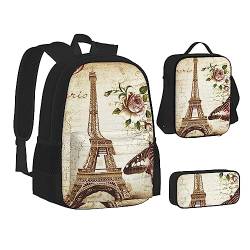 TOMPPY Paris Tower bedruckte Büchertasche mit Lunchtasche und Federmäppchen für Grundschule, 3-teiliges Rucksack-Set, Schwarz , Einheitsgröße, Schulranzen-Set von TOMPPY